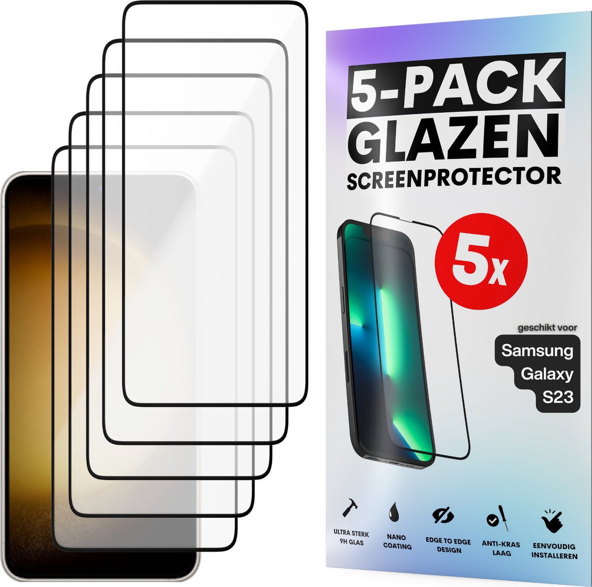 Screenprotector - Geschikt voor Samsung Galaxy S23 - Gehard Glas - Full Cover Tempered Glass - Case Friendly - 5 Pack
