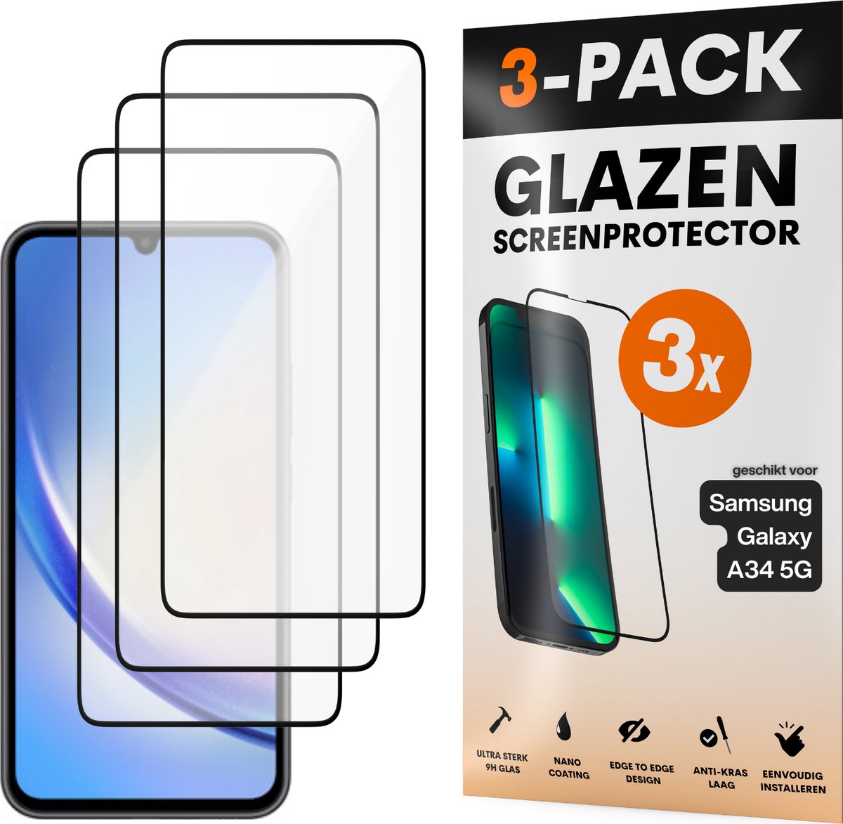 Screenprotector - Geschikt voor Samsung Galaxy A34 5G - Gehard Glas - Full Cover Tempered Glass - Case Friendly - 3 Pack