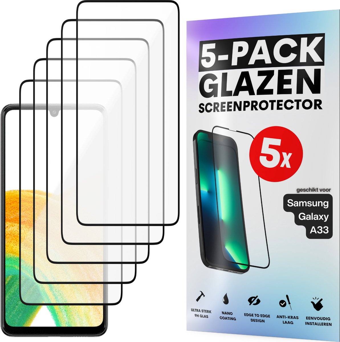 Screenprotector - Geschikt voor Samsung Galaxy A33 - Gehard Glas - Full Cover Tempered Glass - Case Friendly - 5 Pack