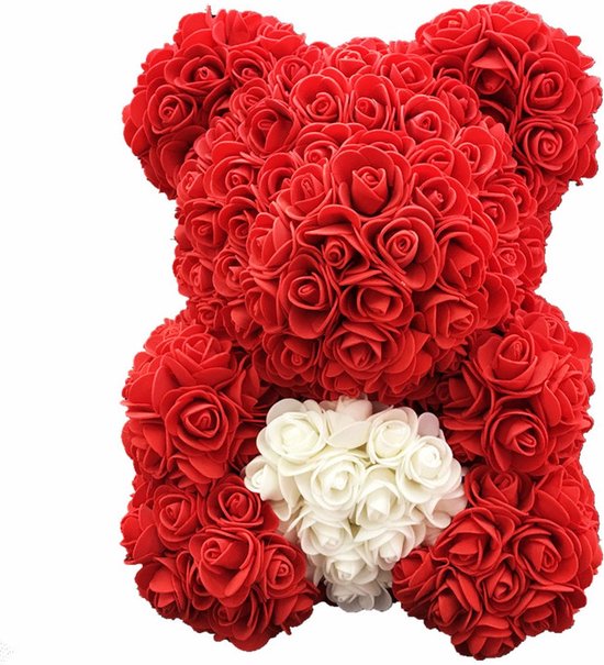 Rozen Beer Rood met Wit Hart 30 cm | Rozen liefdes Teddybeer voor jou geliefde! Rose Bear Knuffelbeer gemaakt van roosjes – I Love You beer met hartje – Valentijnsdag Cadeau | Rozenbeer moederdag liefdesgeschenk