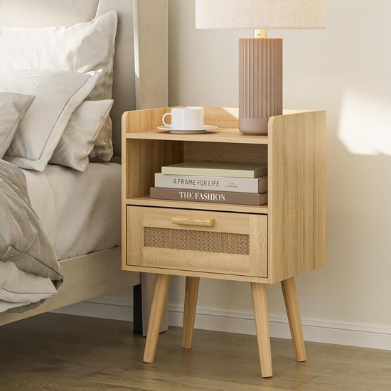 HEYZOEY Nachtkastjes, rotan nachtkastjes met massief houten poten, moderne nachtkastjes met rotan wevende lade, nachtkastje bijzettafel voor slaapkamer, woonkamer (geel