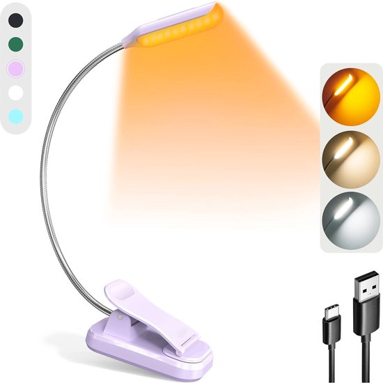 JUALL Lampe de Lecture LED pour Boek - Lampe de Livre Rechargeable avec Pince - Lampe de Lecture de Chevet - Lampe de Livre - Violet
