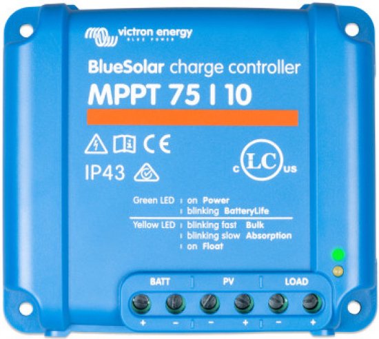 Victron BlueSolar MPPT 75|10 charge controller in blauw met groene LED en LC US keurmerk.