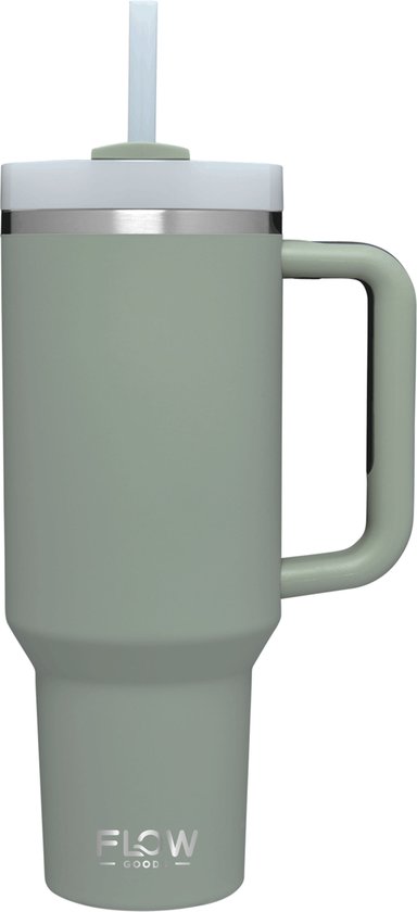 Gobelet Flow Goods - Vert - Tasse thermos avec poignée - Gourde avec paille - 1,2 litre - Tasse à café - Tasse thermos - Tasse de voyage - Café à Go