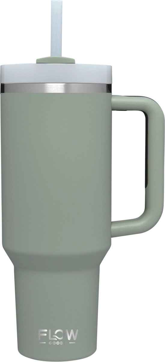 Flow Goods Tumbler - Groen – Thermosbeker met Handvat – Drinkfles met Rietje – 1.2 Liter - Koffiebeker – Thermosbeker – Travel Mug – Koffie to Go