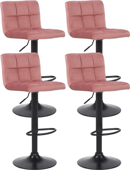 CLP Feni Set van 4 barkrukken - Met rugleuning - Verstelbaar - Velvet - Fluweel - roze
