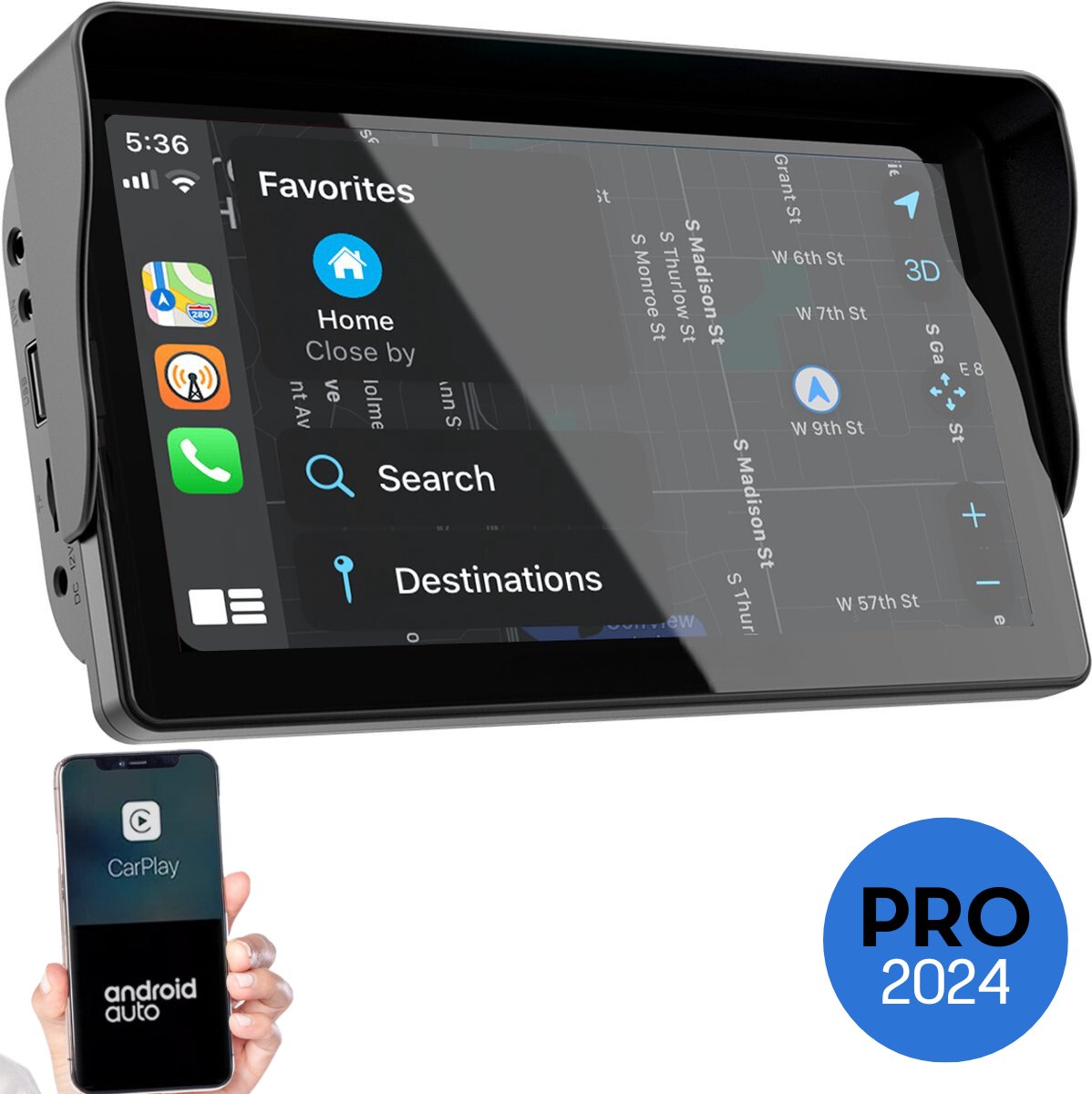 Navigatiesysteem 7 inch PRO - Apple Carplay & Android Auto (draadloos) - Universeel - Carplay scherm - USB-C aansluiting op Prijzenvolger.com