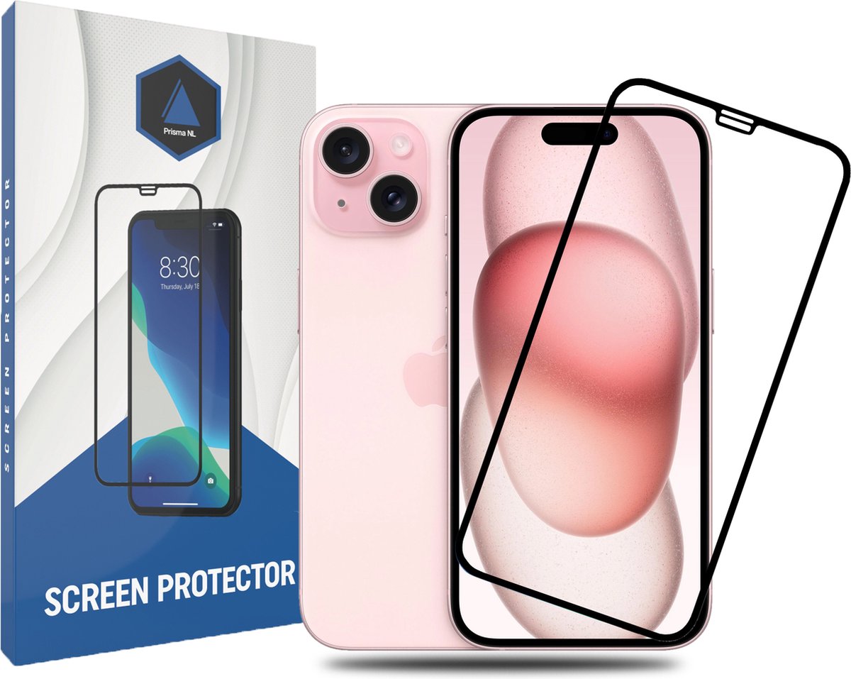 Prisma NL® iPhone Screenprotector voor iPhone 15 - Premium - Beschermglas - Gehard glas - 9H - Zwarte rand - Tempered Glass - Full cover