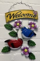 Metalen decoratie (tuin) hanger "welcome" rode + blauwe vogel - meerkleurig - hoogte 44 x 24 x 1 cm - Woonaccessoires - Decoratieve hangers - Tuinaccessoires