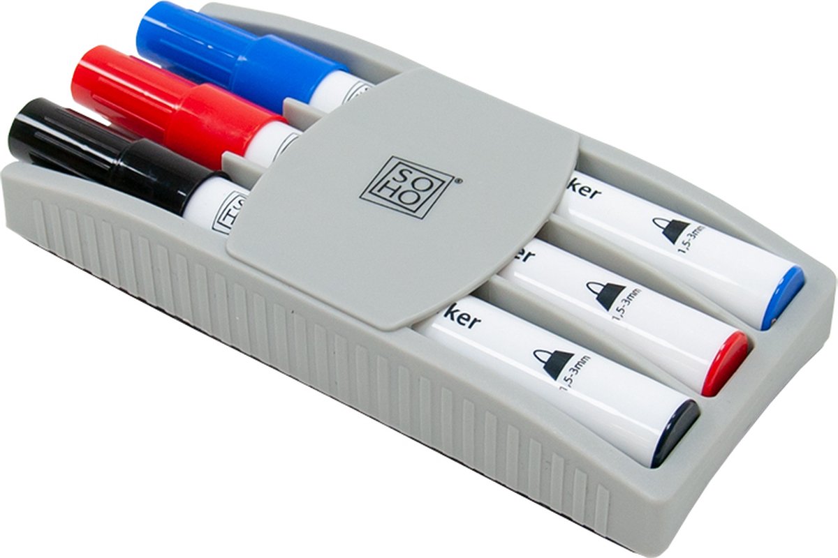 SOHO Whiteboardmarkers set - 3 stuks + Borstel – Markers voor Whiteboard – 3 kleuren – 3 Stuks – Zwart/rood/blauw