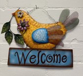 Metalen decoratie (tuin) hanger "welcome" oker geel kleurige vogel - meerkleurig - hoogte 29 x 39 x 1 cm - Woonaccessoires - Decoratieve hangers - Tuinaccessoires