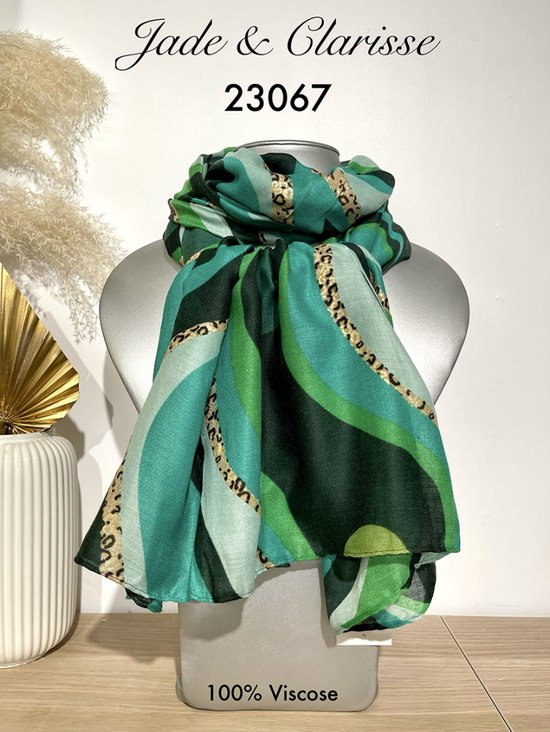 Lange dames sjaal Colette fantasiemotief groen zwart beige smaragd lime licht amazon evergreen goud