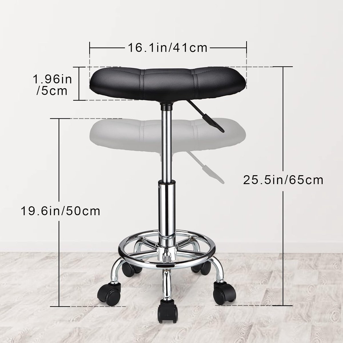 HOMCOM Rolkruk In hoogte verstelbare draaikruk Werkkruk met wielen Draaibare salonstoel Zithocker Salonkruk Kunstleer Zwart 35 x 38 x 43-63H cm