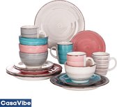 CasaVibe Serviesset – 16 delig – 4 persoons – Porselein - Luxe – Bordenset – Dinner platen – Dessertborden - Roze - Multi Color