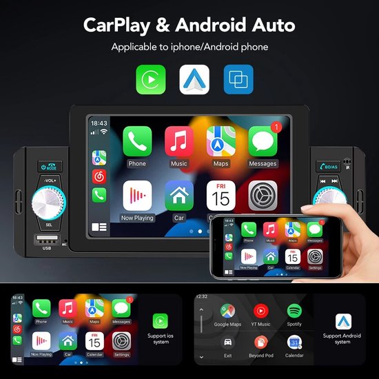 5 Inch Autoradio 1 Din Carplay Android - Apple Carplay- Bluetooth - USB - Camera Auto Multimedia Voor Volkswagen Nissan Toyo -Bluetooth Mirrorlink - FM Ontvanger