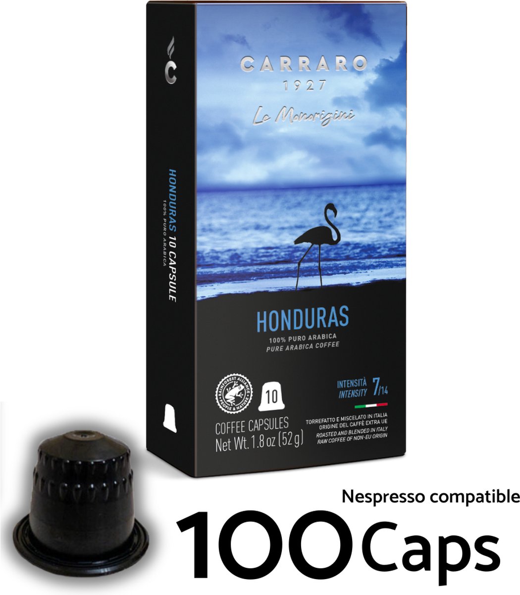 Nespresso® Compatibel cups - Caffe Carraro 1927 - Honduras Single Origin Koffie capsules - 100 Koffiecups - Italiaanse Espresso - Intensiteit 7/14 - Geraffineerde koffie, hooge kwaliteit