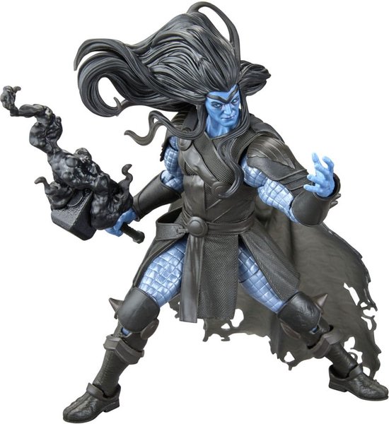 Zwarte Winter (Thor) actiefiguur met blauwe huid, zwart pantser, grijze cape, vasthoudend een donkere hamer.