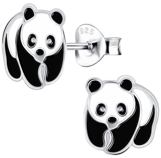 Joy|S - Zilveren panda oorbellen - 8 x 9 mm - zwart wit - rhodium / gehodineerd - kinderoorbellen