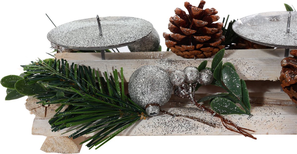 Advent arrangement MCW-M12 met kaarsenhouders, adventskrans kerstdecoratie hout zilver wit 18x49x13cm ~ zonder kaarsen – foto 3