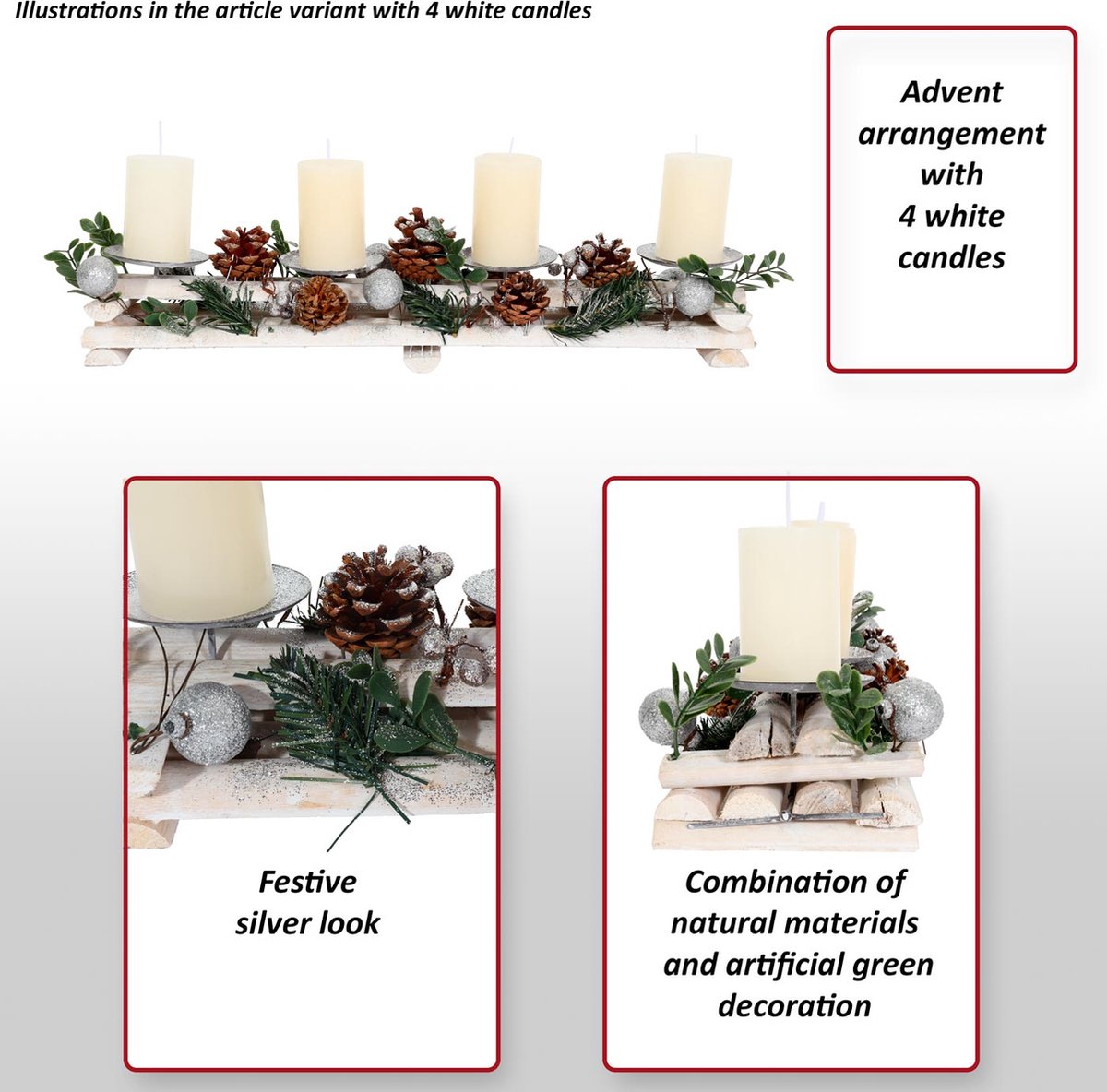 Advent arrangement MCW-M12 met kaarsenhouders, adventskrans kerstdecoratie hout zilver wit 18x49x13cm ~ zonder kaarsen – foto 5
