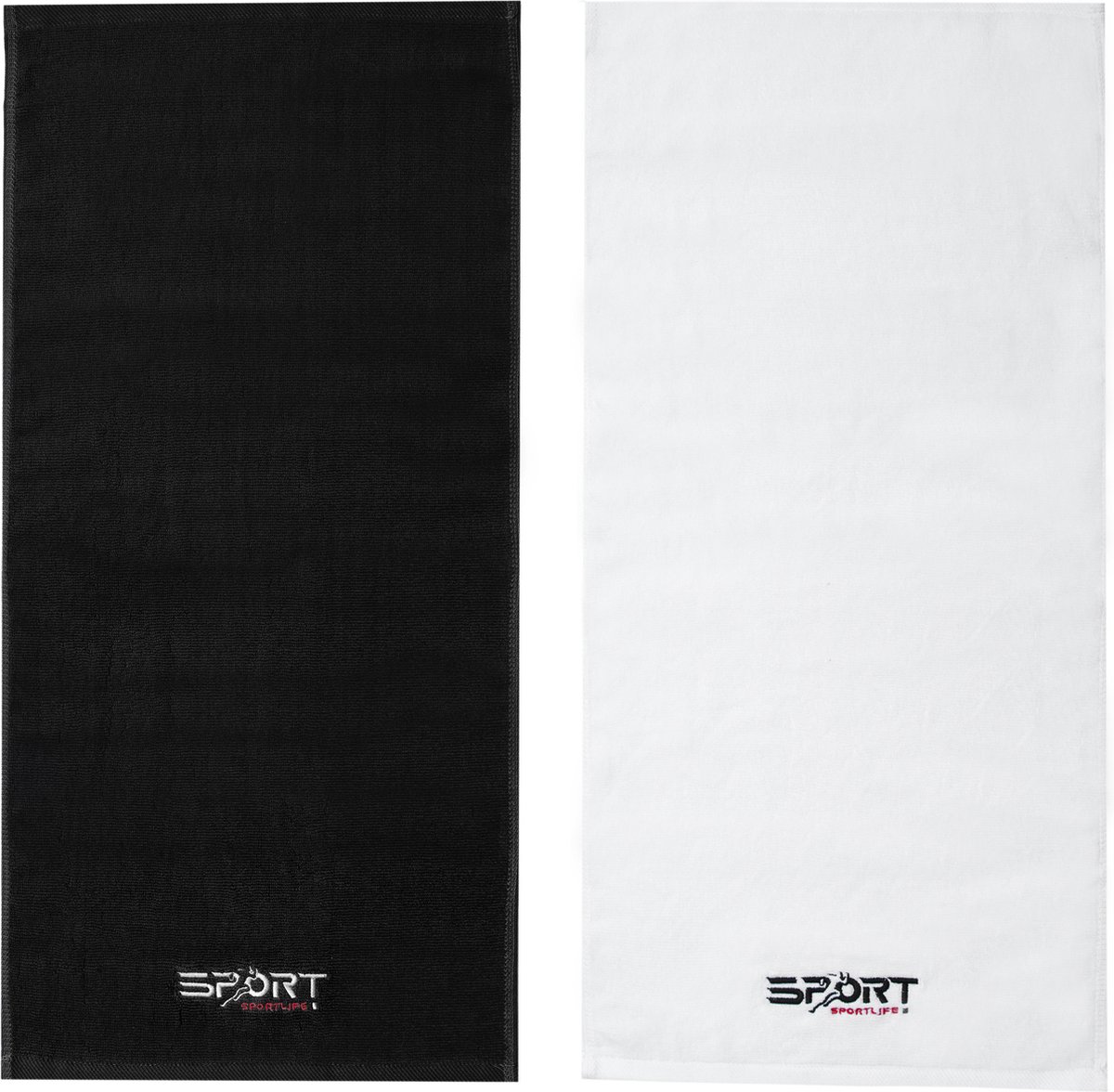Set: Sporthanddoek Obsidian Black + Pure White - 75x35cm - 100% Katoen - Sport Towel Zwart + Wit