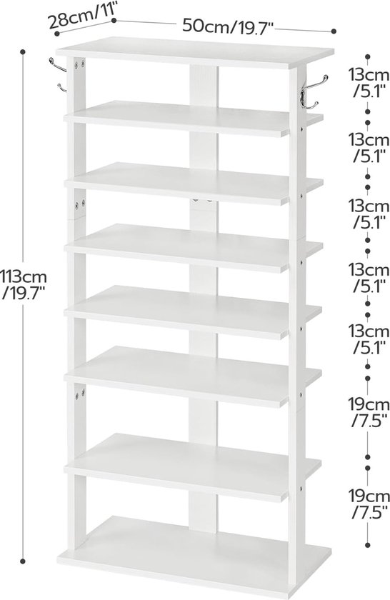 HOOBRO Shoe Rack, High Shoe Rack with 8 Levels, 50 x 28 x 113 cm, Shoe Cabinet with 2 Hooks, Shoe Organizer for 16 Pairs Corridor Living Room, Industrial, Rustic Brown EBF750XJ01