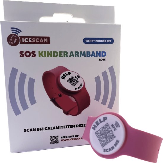 Foto: Sos armband kinderen roze als je kind even te veel eigen initiatief neemt bijvoorbeeld in een pretpark of een winkelcentrum dan is een icescan kinderarmband een veilig idee eenvoudig verstelbaar qr code en nfc scanbaar