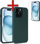 Hoesje Geschikt voor iPhone 15 Pro Max Hoesje Siliconen Case Hoes Met Screenprotector - Hoes Geschikt voor iPhone 15 Pro Max Hoes Cover Case - Donkergroen