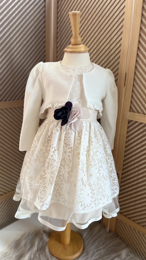 robe de soirée luxe avec veste et sac-robe vintage-mariage-photo-anniversaire-baptême-fleurs brodées-couleur champagne crème-coton-1 à 2 ans taille 92