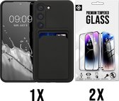 Casemania Hoesje Geschikt voor Samsung Galaxy A35 - Zwart - Anti Shock Back Cover met Kaarthouder & 2X Glazen Screenprotector
