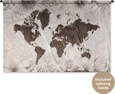Wandkleed WereldkaartenKerst illustraties - Wereldkaart met ruw houtpatroon versierd met illustraties van bloemen Wandkleed katoen 180x120 cm - Wandtapijt met foto