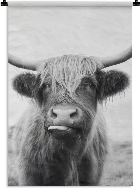 Tapisserie - Tissu mural - Animaux - Highlander écossais - Vache - Zwart - Wit - 90x135 cm - Tapisserie