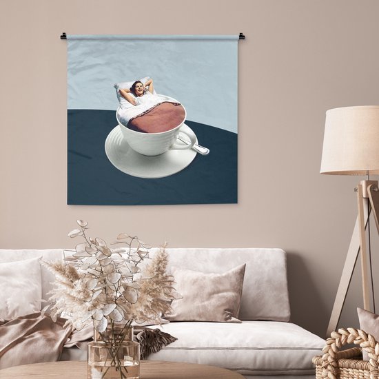 Tenture murale - Toile murale - Femme - Café - Vintage - 90x90 cm - Tapisserie
