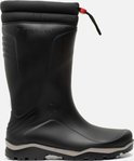 Zwarte Dunlop regenlaars met gepolsterde boord en trekkoord. Textuurdetails op de schacht en zool.