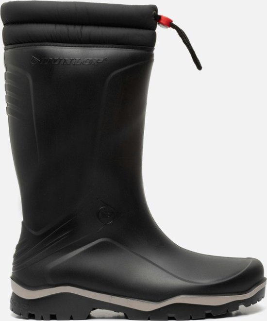 Zwarte Dunlop regenlaars met gepolsterde boord en trekkoord. Textuurdetails op de schacht en zool.