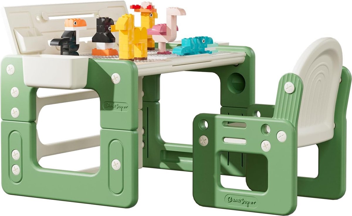 Image of 2-zijdige tekentafel en stoel voor kinderen, met bouwstenen, activiteitstafel voor peuters, in hoogte verstelbaar, multifunctionele kindermeubelset voor kleuters (groen)