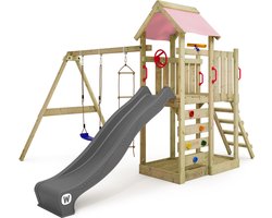 WICKEY speeltoestel klimtoestel MultiFlyer met schommel en pastelroze glijbaan, outdoor kinderspeeltoestel met zandbak, ladder & speelaccessoires voor de tuin
