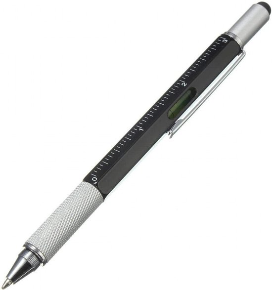 MikaMax 6 in 1 Multitool Pen - Handy Pen - Toolpen - Liniaal - Waterpas - Kruiskop en Plattekop Schroevendraaier - Zwart