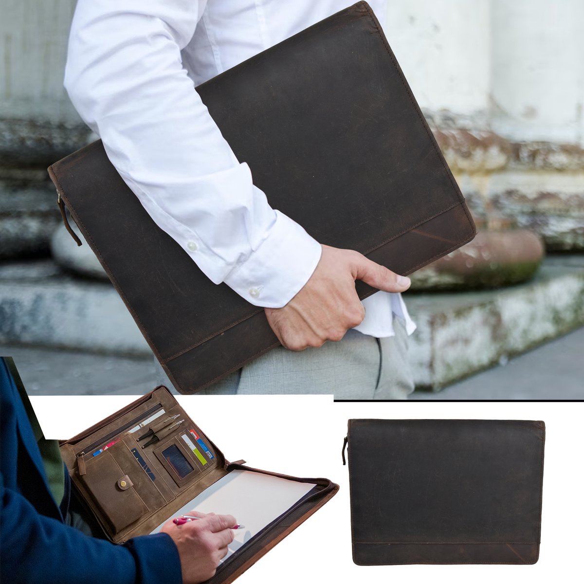 Exclusieve handgemaakte lederen A4-conferentiemap voor de veeleisende gebruiker- stijlvolle Laptop portfolio en schrijfmap van tijdloze elegantie en de hoogste kwaliteit' portfolio van echt leer - Cadeautje voor hem