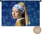 Wandkleed - Wanddoek - Meisje met de parel - Delfts blauw - Vermeer - Bloemen - Schilderij - Oude meesters - 90x60 cm - Wandtapijt