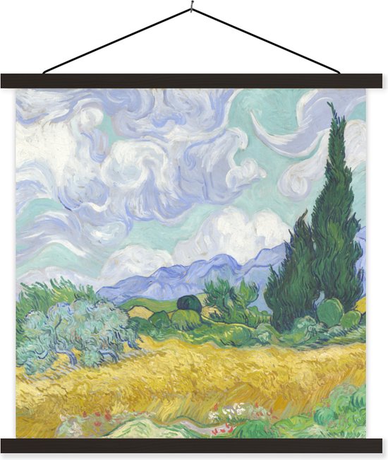 Posterhanger incl. Poster - Schoolplaat - Korenveld met cipressen - Vincent van Gogh - 90x90 cm - Zwarte latten