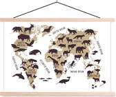 Posterhanger incl. Poster - Schoolplaat - Wereldkaart - Bruin - Dieren - 60x40 cm - Blanke latten