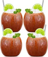 Tiki-beker 530 ml - set van 4 keramische kokosnootbekers cocktailglazen Tiki Bar accessoires - feestdecoratie cocktailbeker bekerglazen