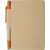 Notitie/opschrijf boekje met balpen - harde kartonnen kaft - beige/oranje - 11x8cm - 80blz gelinieerd - blocnotes