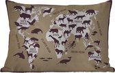Buitenkussens - Tuin - Witte wereldkaart met bruine achtergrond en illustraties van silhouetten van dieren - 50x30 cm