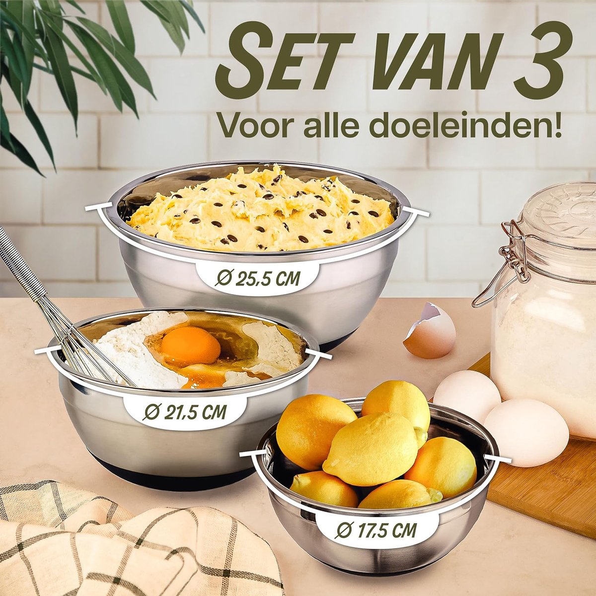Roestvrijstalen mengkommen met deksel - Antislip - Luchtdicht - Met maatverdeling - Ruimtebesparend - Ideaal om te mengen - Set van 3