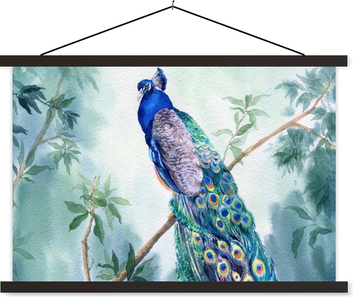 Schoolplaat - Pauw - Pauwenveren - Verf - Bladeren - Groen - Muurdoek - 120x80 cm - Textie