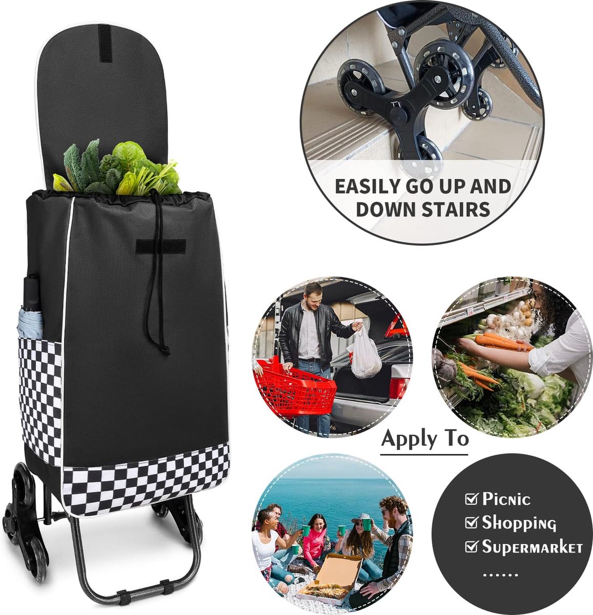 Opvouwbare winkelwagen lichtgewicht en waterdicht 2-in-1 winkelwagentje met geïsoleerde koeltas afneembare trap klimwagen voor boodschappen (Zwart-upgrade)