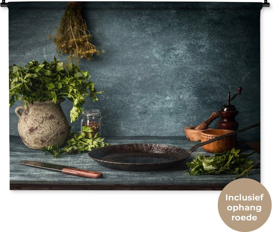 Wandkleed Kruiden en Specerijen - Rustieke tafel in de keuken Wandkleed katoen 120x90 cm - Wandtapijt met foto