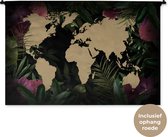 Wandkleed WereldkaartenKerst illustraties - Zandkleurige wereldkaart op zwarte achtergrond omlijst met tropische bladeren en bloemen Wandkleed katoen 150x100 cm - Wandtapijt met foto